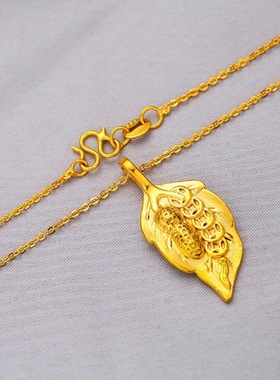 清新森系风金色树叶O字链吊坠项链逼真叶脉纹理的金色树叶搭配简