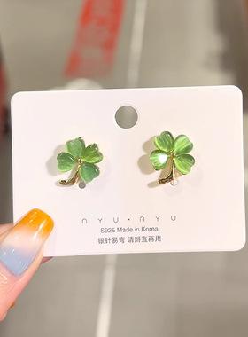 新款绿色四花瓣耳饰气质耳环女