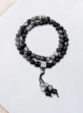 新中式国风银色曜石手串男小众高级感双层手链潮流百搭手饰情侣