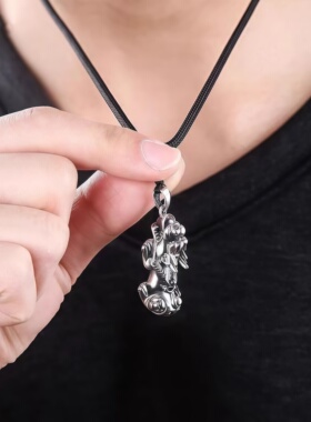 如意貔貅吊坠男女银色编绳项链皮丘毛衣链挂坠招运进财送朋友饰品