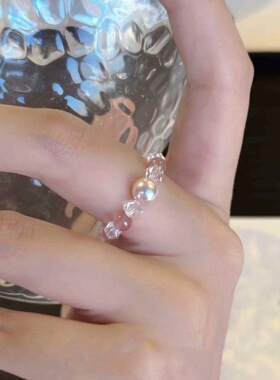 天然草莓晶曼塔玫瑰施家珍珠切面白水晶戒指女简约精致轻奢风指环