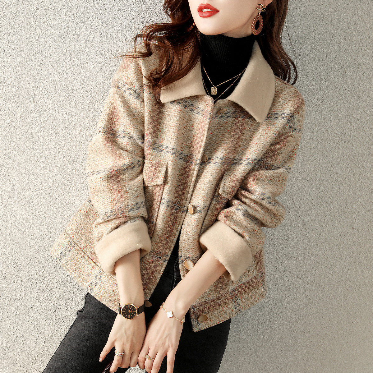 正品哥家新新款2025春翻领加绒加厚气质小香风毛呢短外套女夹克,淘宝优惠券,粉丝福利购,淘宝优惠卷