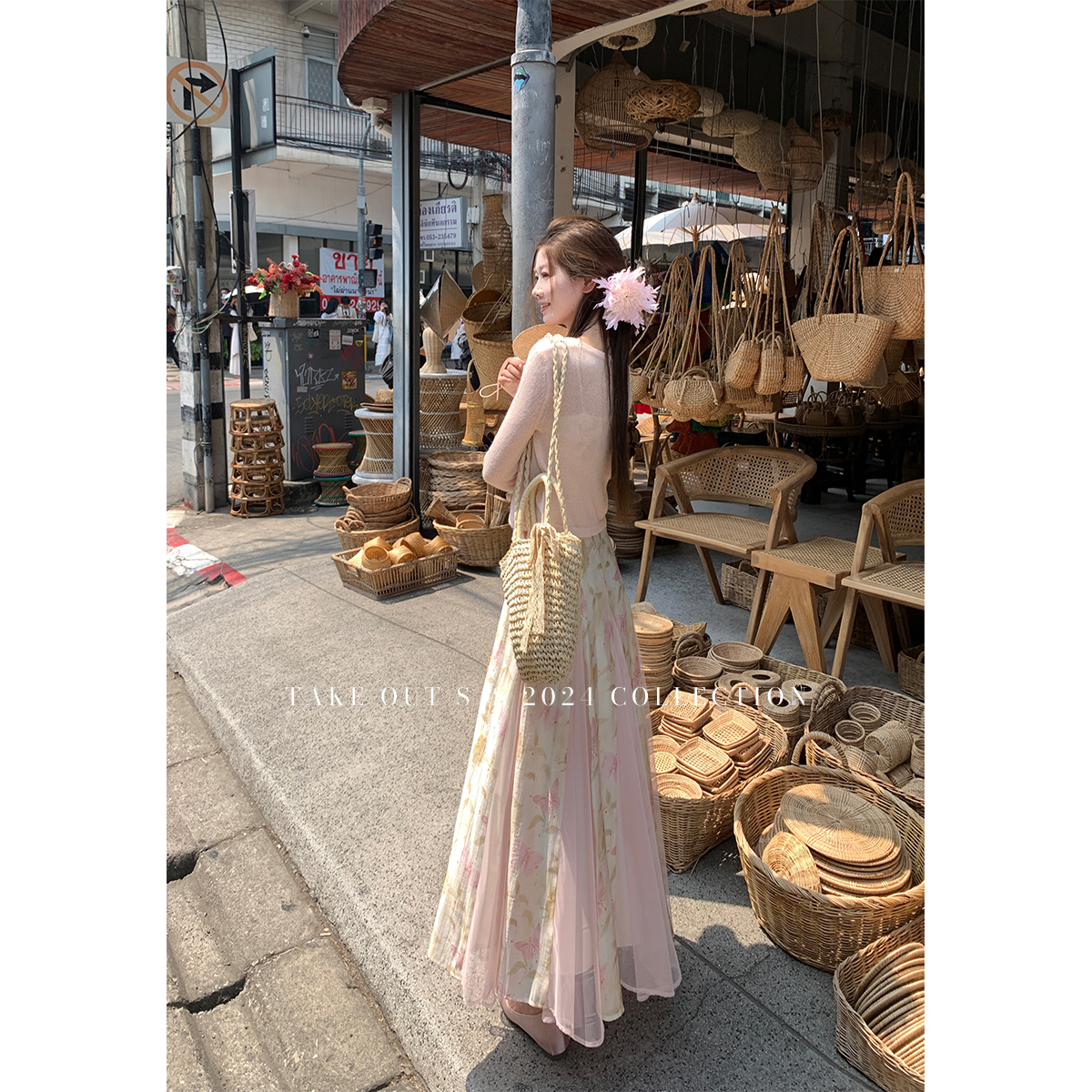 【现货】外卖到了 夏季插片设计感吊带连衣裙粉色蝴蝶仙女长裙子 - 图3