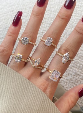 欧美跨境S925纯银高碳钻戒指女气质电镀香槟金色可叠戴锆石戒指环