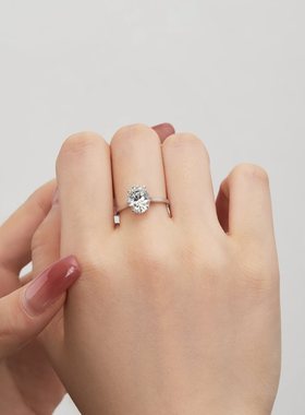 S925纯银5A锆石戒指女经典简约鹅黄色8*10mm白G色椭圆形戒指婚戒