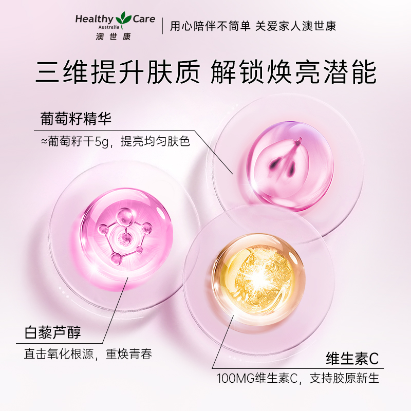 HealthyCare白藜芦醇胶囊180粒hc澳洲正品葡萄籽白黎芦醇正品 - 图2