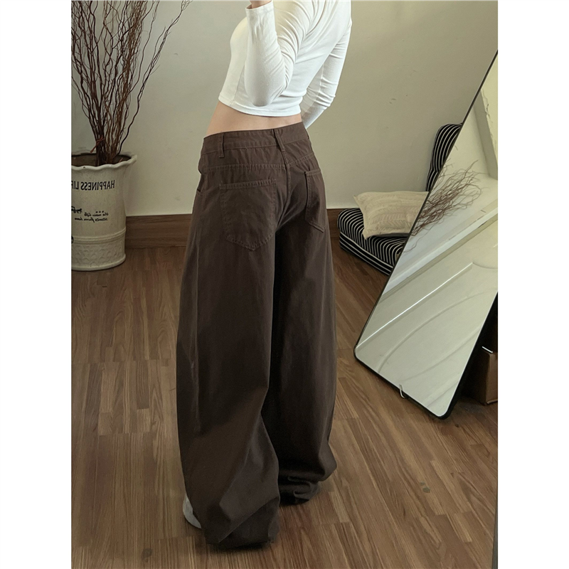 美式咖色领带装饰工装牛仔裤裤子女款ins潮流新款宽松显瘦阔腿裤,淘宝优惠券,粉丝福利购,淘宝优惠卷