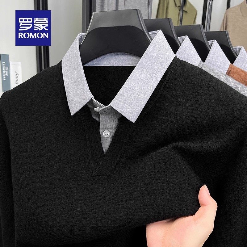 罗蒙男士时尚衬衫领假两件针织衫春秋季新款商务百搭休闲长袖毛衣,淘宝优惠券,粉丝福利购,淘宝优惠卷