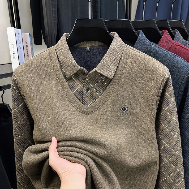 罗蒙含羊毛加绒加厚假两件爸爸毛衣男打底针织衫内搭保暖中老年冬,淘宝优惠券,粉丝福利购,淘宝优惠卷