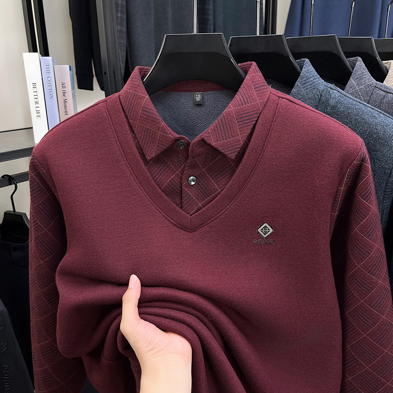 罗蒙含羊毛加绒加厚假两件爸爸毛衣男打底针织衫内搭保暖中老年冬,淘宝优惠券,粉丝福利购,淘宝优惠卷