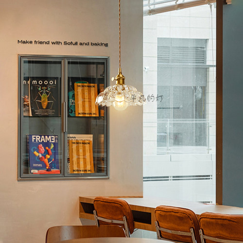 日式复古玻璃吊灯黄铜胡桃木婚庆吊灯橱窗咖啡厅餐厅吧台床头吊灯 - 图1