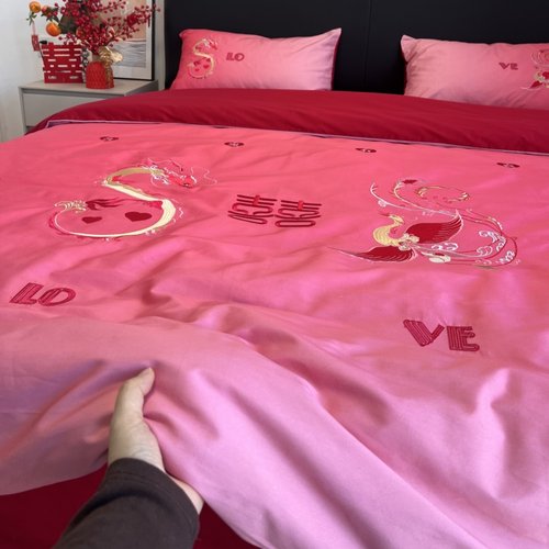 高档渐变色婚庆四件套2025新款喜被红色床单被套结婚床上用品婚房 - 图2