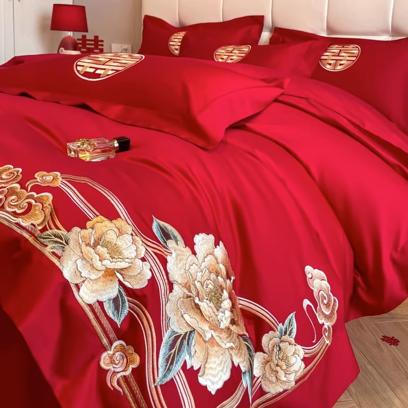 简约全棉结婚四件套大红色床单被套纯棉高档婚庆床上用品婚房陪嫁