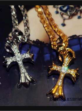 Black Luxurious电镀22K18K风格中号经典镶钻十字架刻字个性项链
