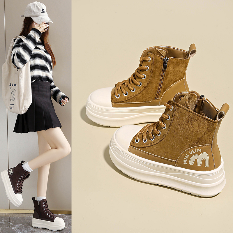 大黄马丁靴女2025冬季新款加绒棉靴增高6CM小个子松糕短靴子34码 - 图0