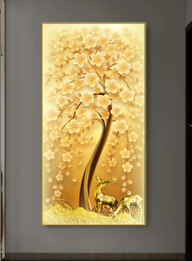 玄关摇钱树装饰画晶瓷画入户客厅竖版壁画新中式LED画摇钱树挂画