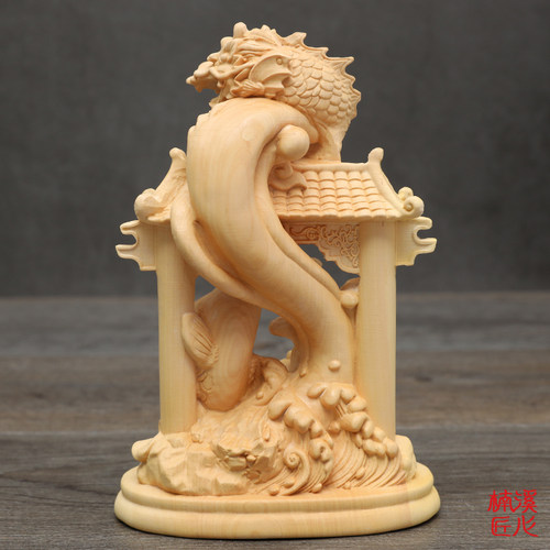 楠溪匠心黄杨木雕刻鲤鱼鱼跃龙门跳龙门摆件年年有余工艺品 - 图0