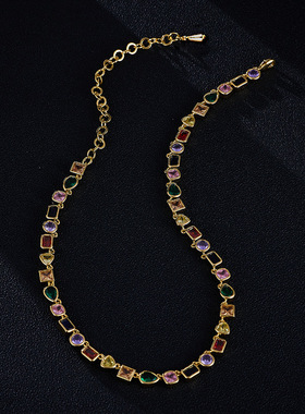 新款彩色水晶项链耳环套装女小众设计感女轻奢气质百搭耳钉锁骨链