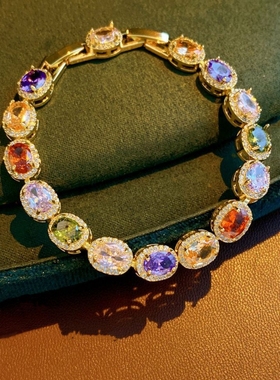 彩色锆石手链女小众椭圆形卡扣手链女高级感轻奢手环复古气质手饰