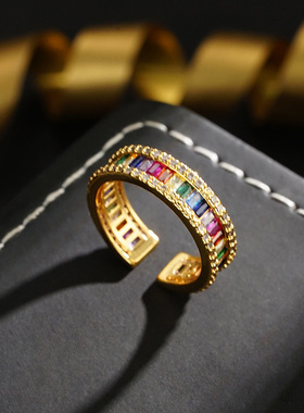 新款多巴胺锆石戒指时尚彩虹满镶彩宝指戒欧美简约百搭女食指环戒