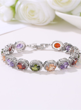 高级彩色锆石气质手饰品女欧美几何圆形女士手链个性感晚宴会手饰