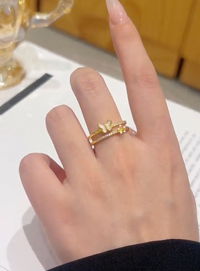 开口可调节双层蝴蝶花朵戒指女