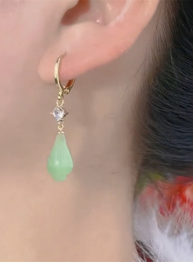 新中式绿色玉兰花水滴流苏耳环女