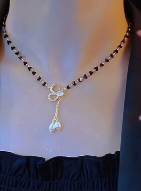 小众设计感黑色水晶流苏项链女