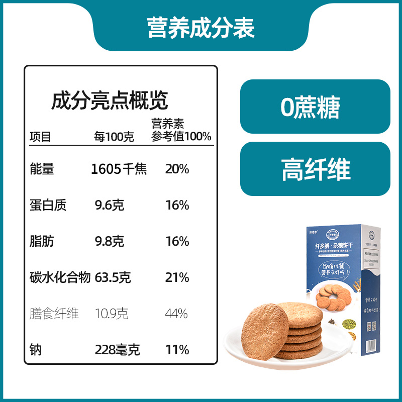 好迷恋纤多膳低gi代餐饼干膳食粗粮无蔗糖高纤维饱腹零食198g-图1