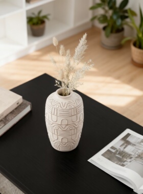 侘寂风陶瓷几何雕刻花瓶摆件