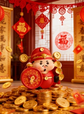 国潮财神树脂摆件可旋转手绘