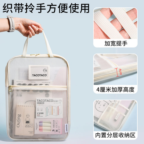 TACOTACO双层网纱手提文件袋a5收纳袋透明拉链式补习袋学生拎书袋a4试卷袋资料袋初高中生专用学习笔袋大容量 - 图2