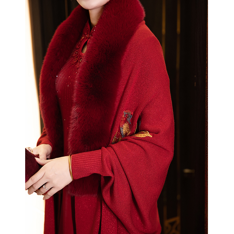 喜婆婆婚宴装旗袍冬季加绒加厚披肩妈妈礼服外套外搭红色高端斗篷 - 图0