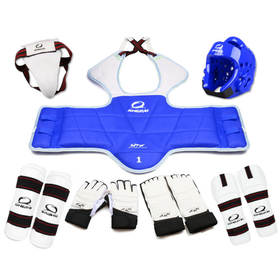 Taekwondo protective gear, a complete set of children's protective practical competition equipment, five-eight-piece set with elbow arm guards, mask and helmet