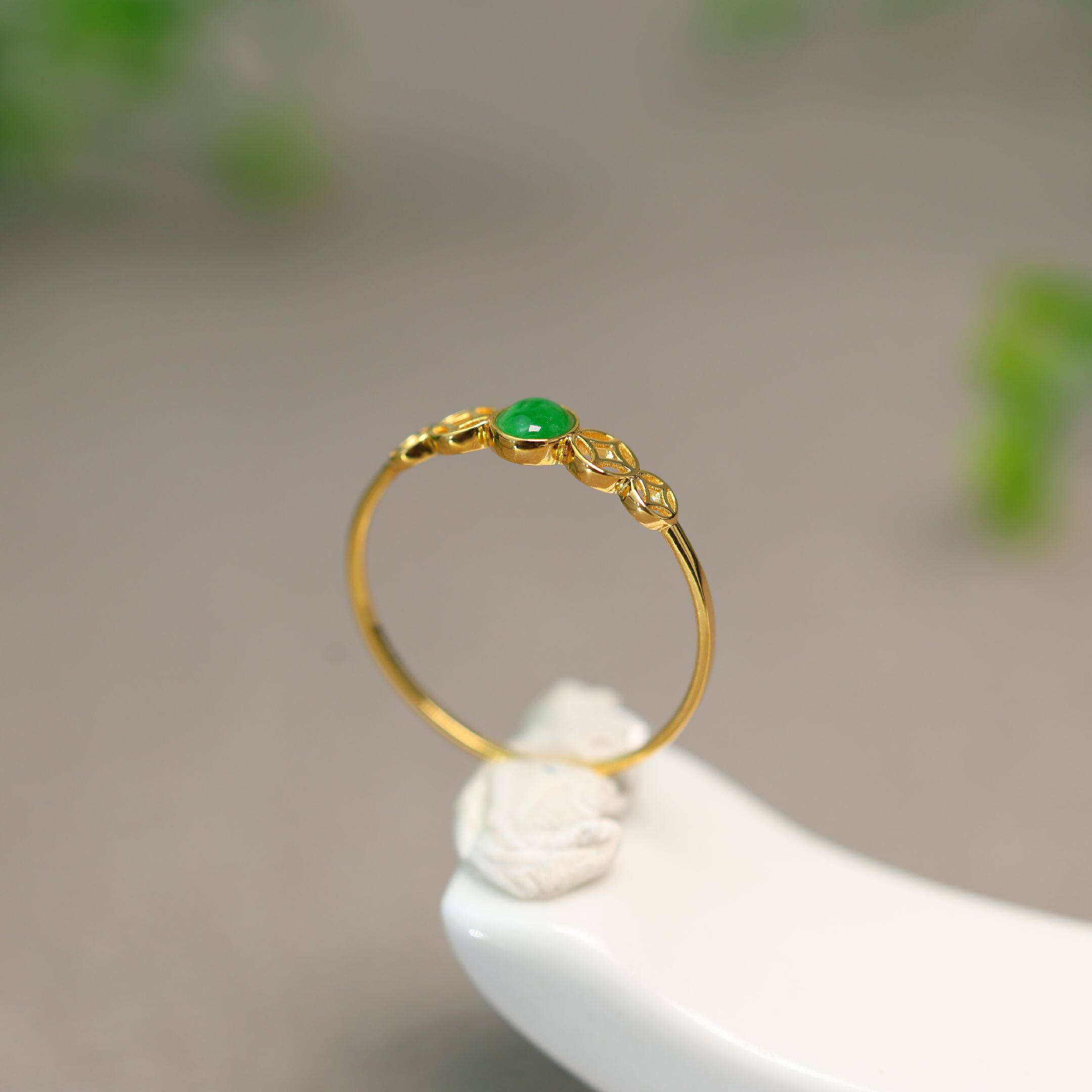 Full green natural grade A jadeite cabochon ring