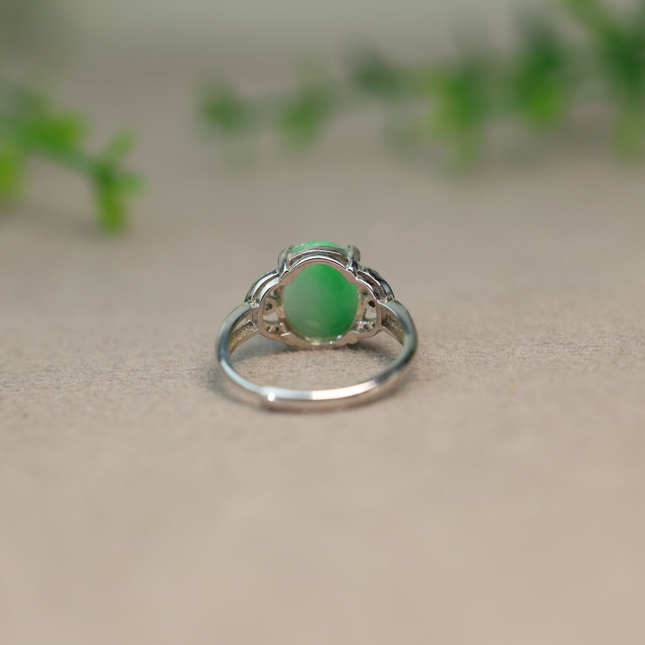 Green Burmese natural grade A jadeite cabochon ring