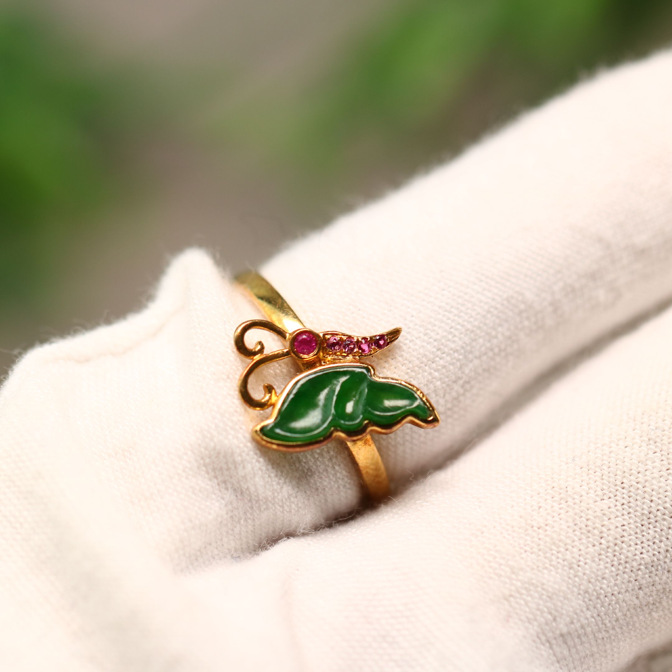 Ice full of green natural grade A jade butterfly ring