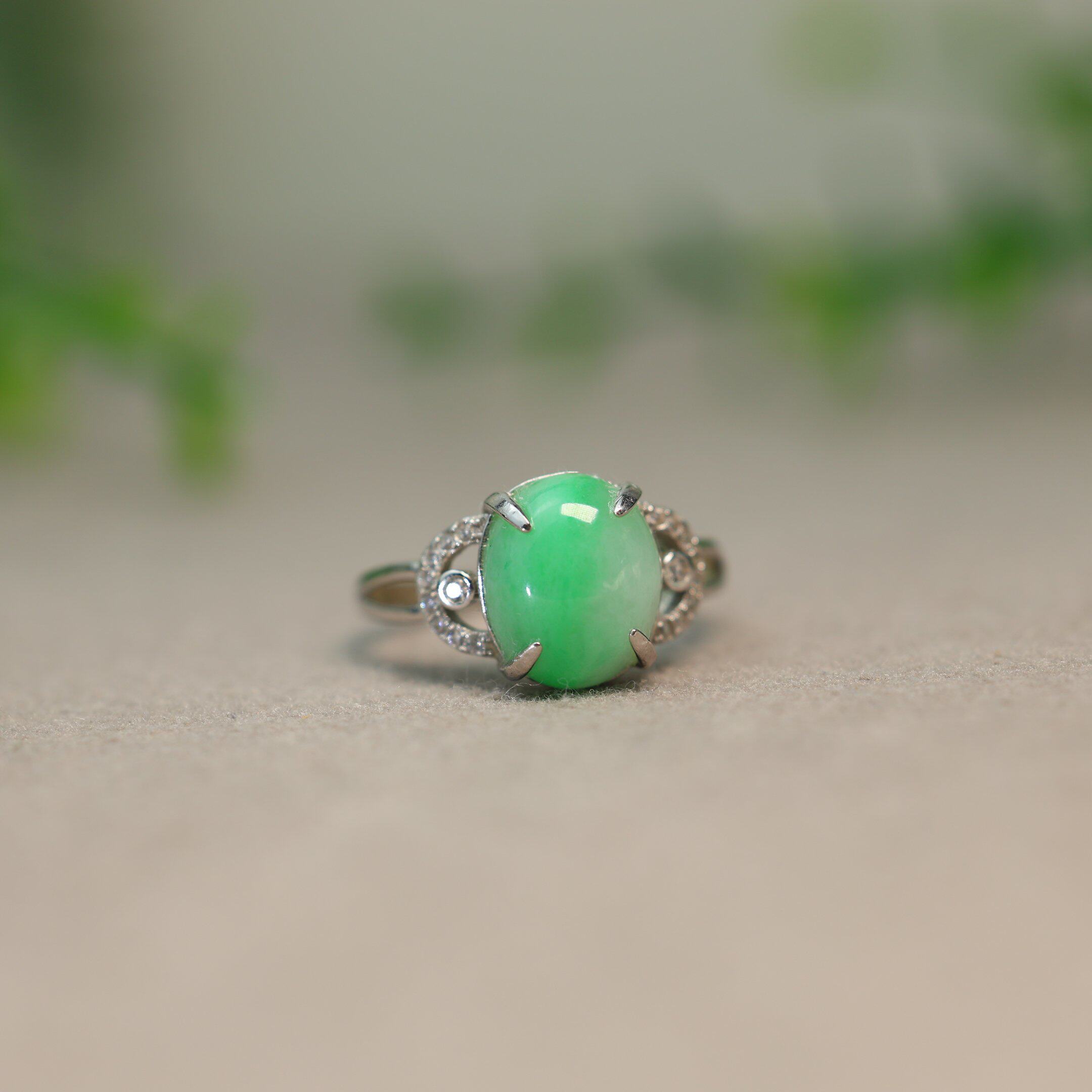 Green Burmese natural grade A jadeite cabochon ring