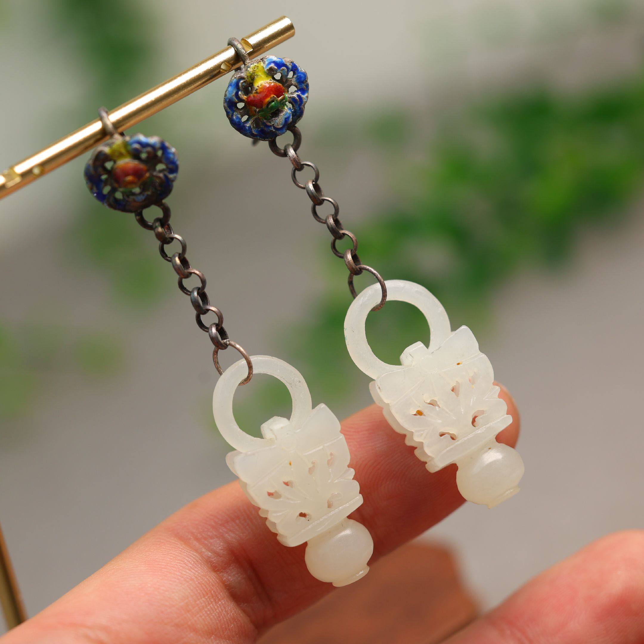 #K343老银烧蓝镶嵌和田白玉镂空花篮耳坠中国古风耳钩款耳饰,淘宝优惠券,粉丝福利购,淘宝优惠卷