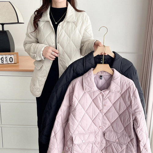 秋冬新款轻薄棉衣宽松显瘦遮肉保暖棉袄大码胖mm菱格翻领无帽外套 - 图3