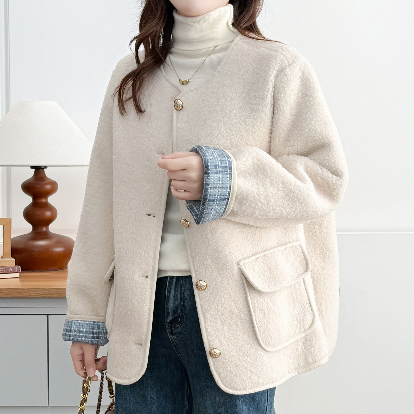 韩系无领羊羔毛外套200斤胖mm大码撞色格子保暖开衫藏肉显瘦棉衣,淘宝优惠券,粉丝福利购,淘宝优惠卷