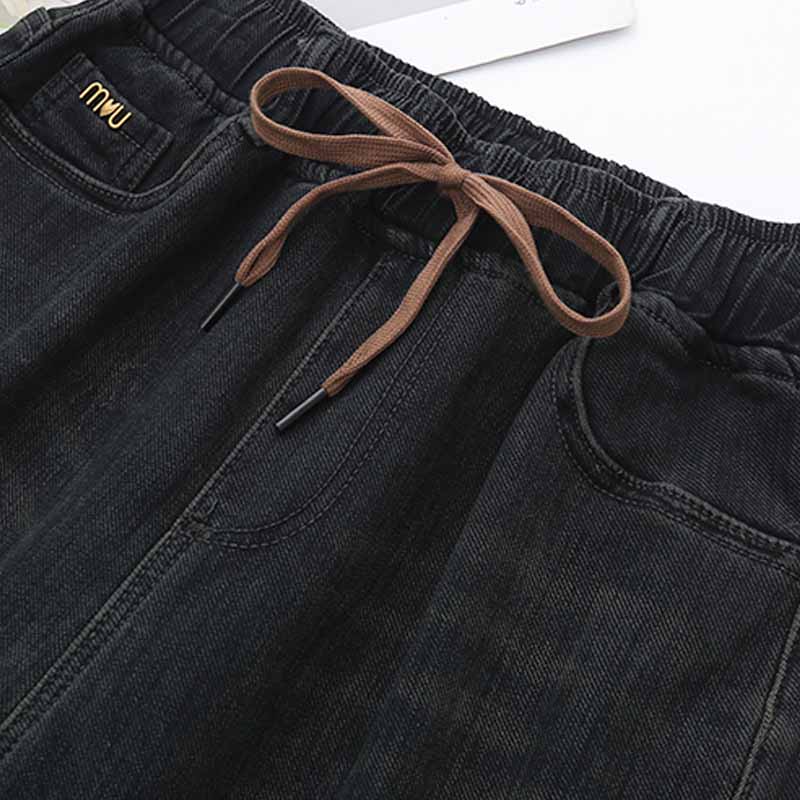 大码女装秋冬加绒牛仔裤女时尚高腰显瘦哈伦裤胖妹妹宽松老爹裤冬 - 图1