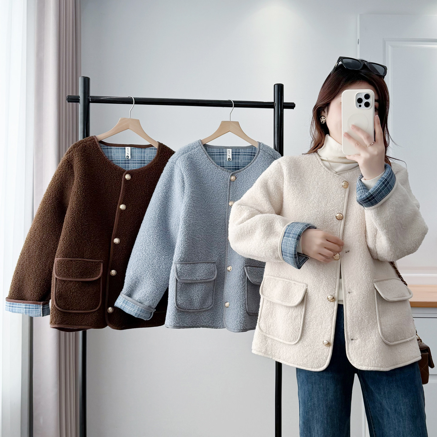 韩系无领羊羔毛外套200斤胖mm大码撞色格子保暖开衫藏肉显瘦棉衣,淘宝优惠券,粉丝福利购,淘宝优惠卷