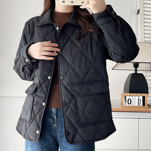 秋冬新款轻薄棉衣宽松显瘦遮肉保暖棉袄大码胖mm菱格翻领无帽外套 - 图1