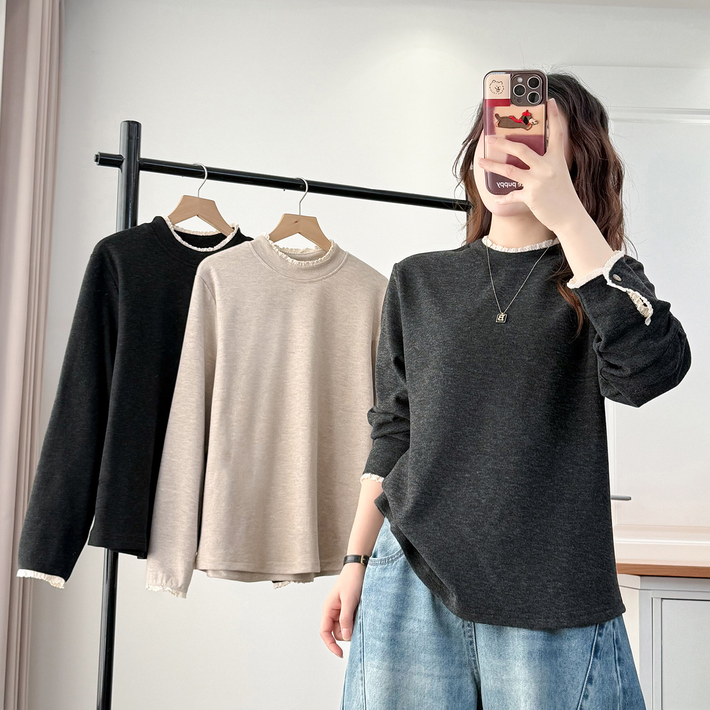 2025秋冬大码女装拼接花边领加绒打底衫胖mm遮肚显瘦长袖T恤上衣,淘宝优惠券,粉丝福利购,淘宝优惠卷