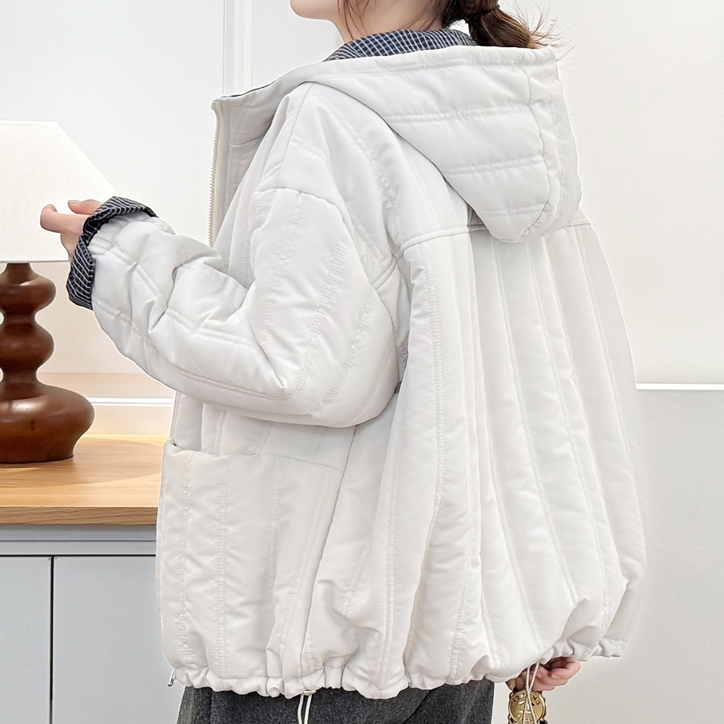 冬季大码连帽夹棉外套加厚保暖短款棉衣胖mm遮肉显瘦格纹夹克上衣,淘宝优惠券,粉丝福利购,淘宝优惠卷