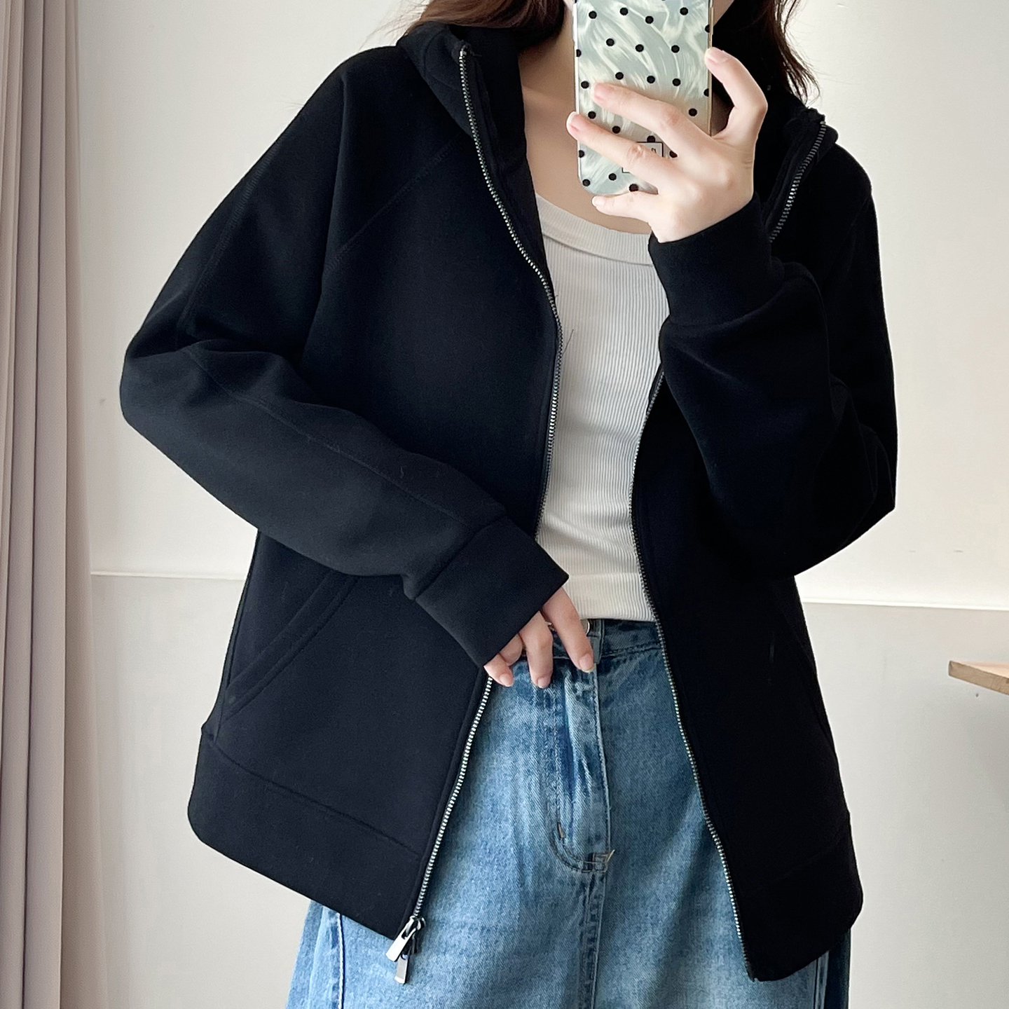 大码女装胖mm时尚运动休闲连帽夹克外套双拉链欧货美式慵懒风上衣 - 图0