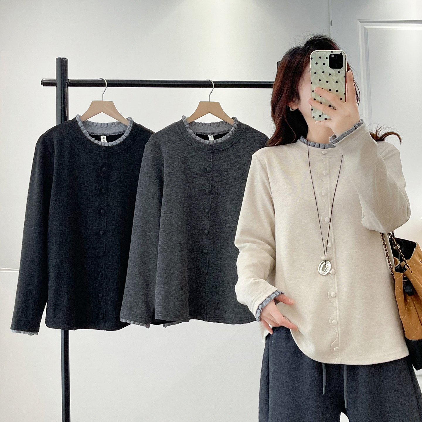 大码女装荷叶边时尚减龄温柔风打底衫胖mm撞色花边保暖加厚上衣韩,淘宝优惠券,粉丝福利购,淘宝优惠卷