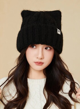 秋冬新款加绒猫耳朵针织帽女韩版出游日常保暖可爱休闲百搭冷帽子