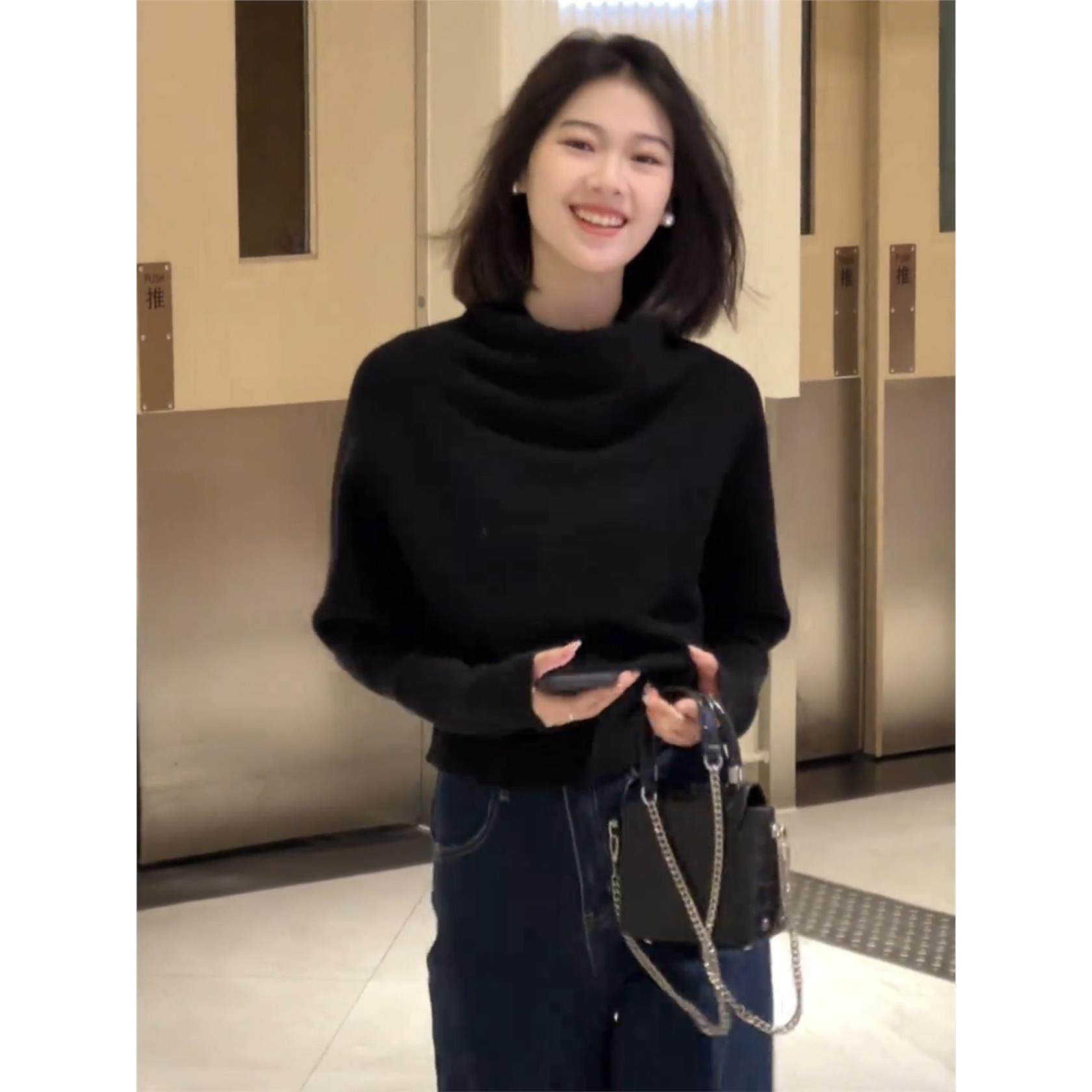 黑色气质半高领蝙蝠袖针织衫女2025秋冬季高级感简约风打底衫毛衣,淘宝优惠券,粉丝福利购,淘宝优惠卷